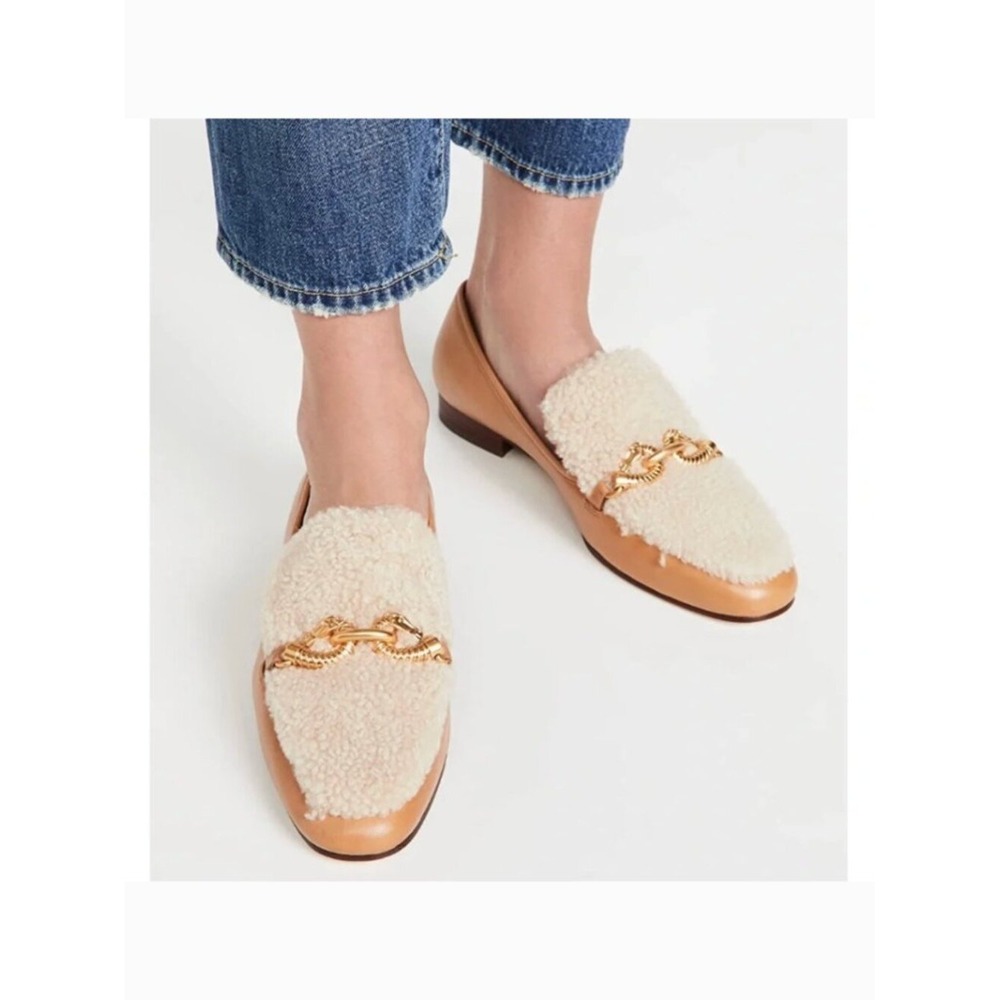 New! Tory Burch Jessa Shearling Goat Leather Brown Loafers Gold Buckle 5.5
